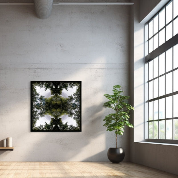 Framed artwork on a wall with a plant next to a large window.