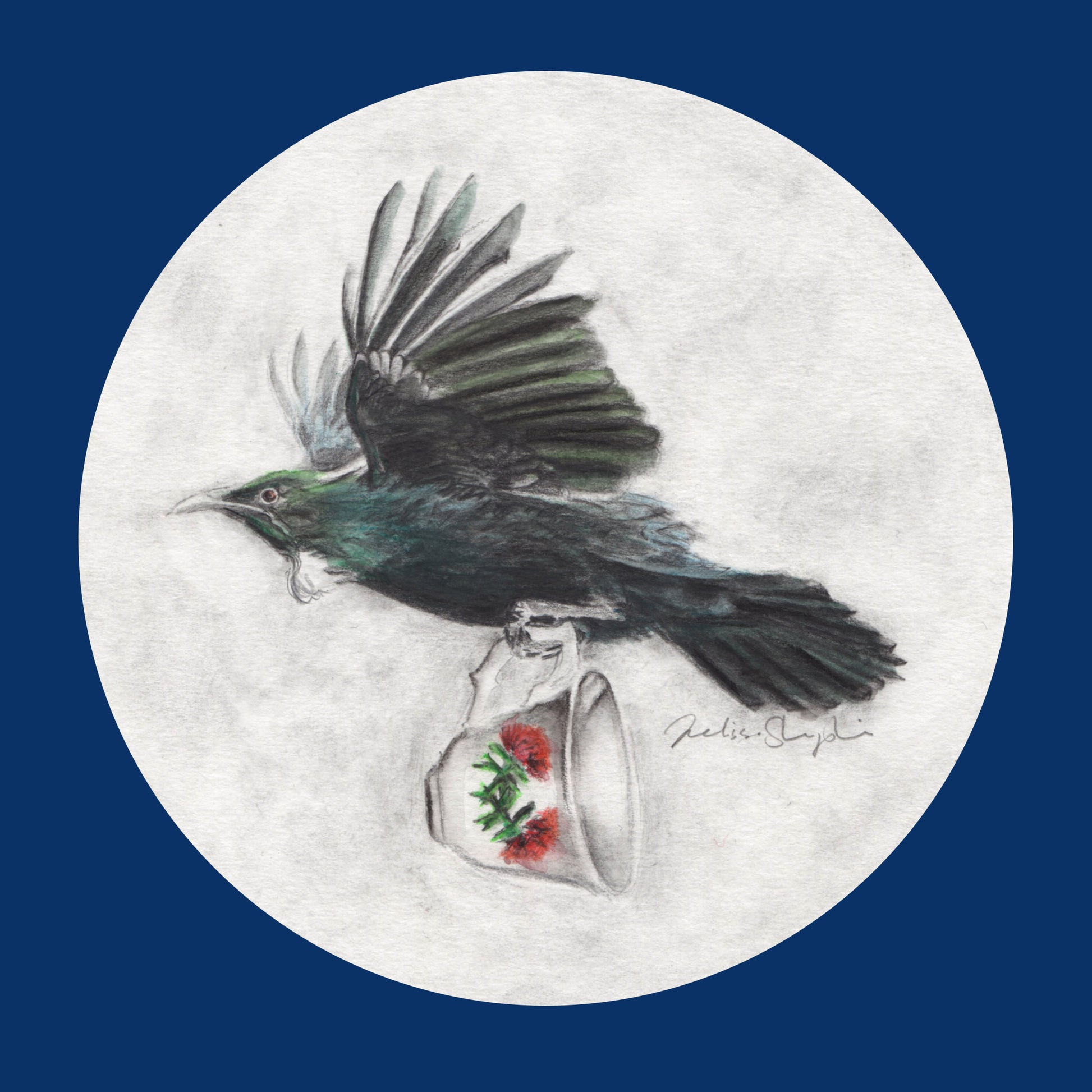 Illustration of a bird perched on a teacup with strawberries against a blue background