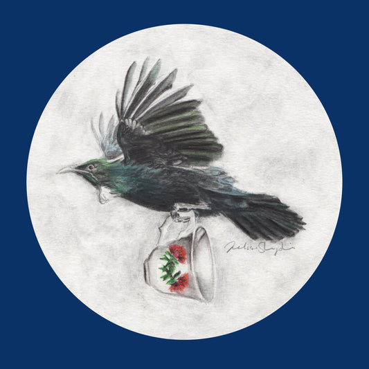 Illustration of a bird perched on a teacup with strawberries against a blue background