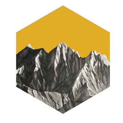 Hexagonal tile with mountain design on a yellow background