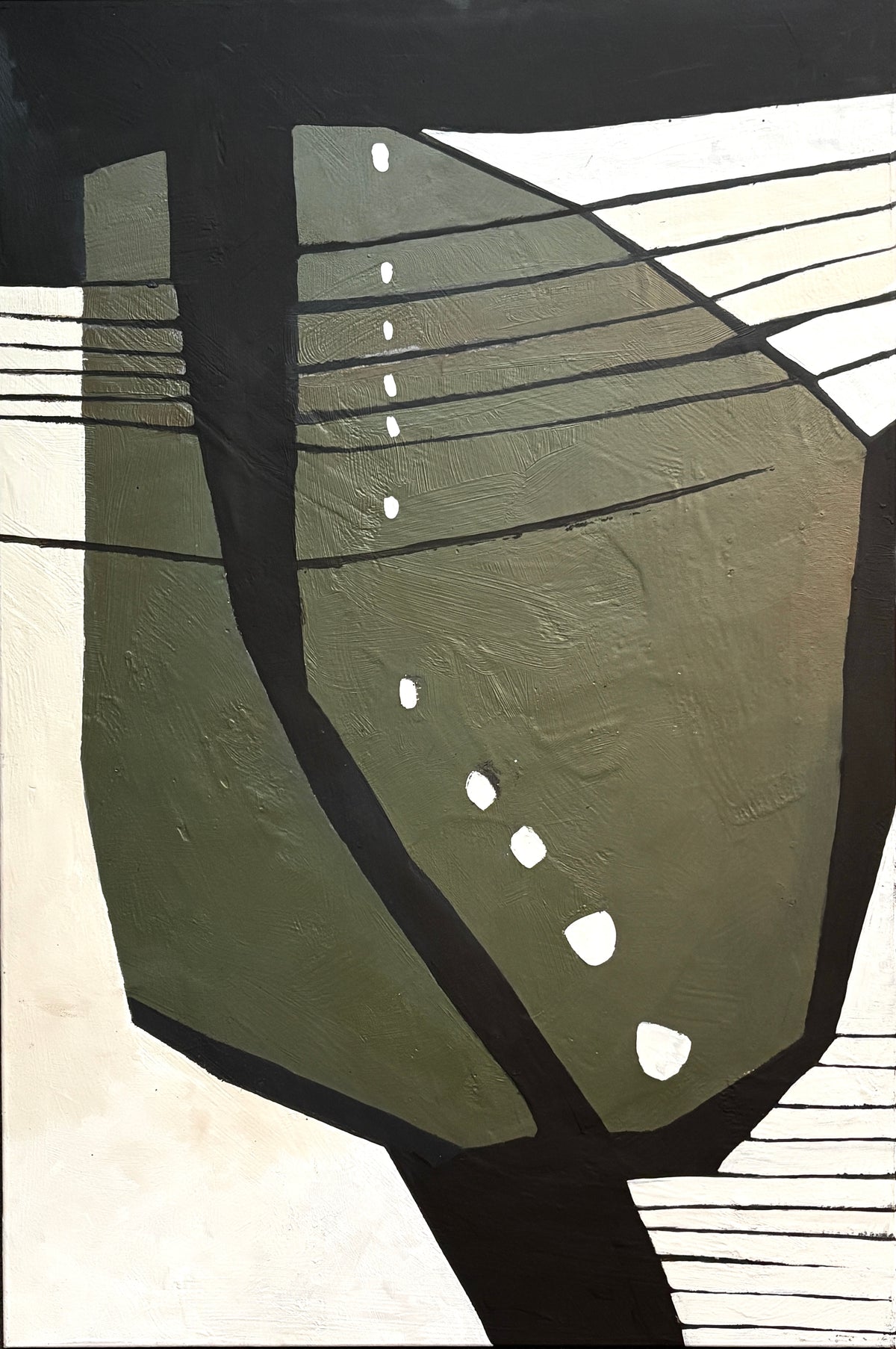 Abstract geometric painting featuring a large olive green shape outlined in black, with white irregular spots and black diagonal lines on a cream and black background.
