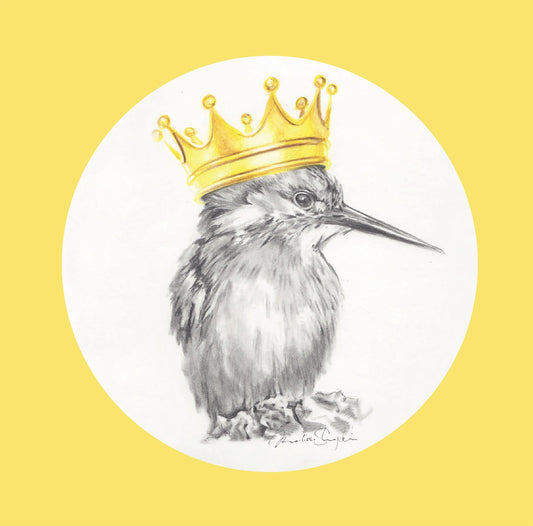 Illustration of a bird wearing a gold crown on a yellow background