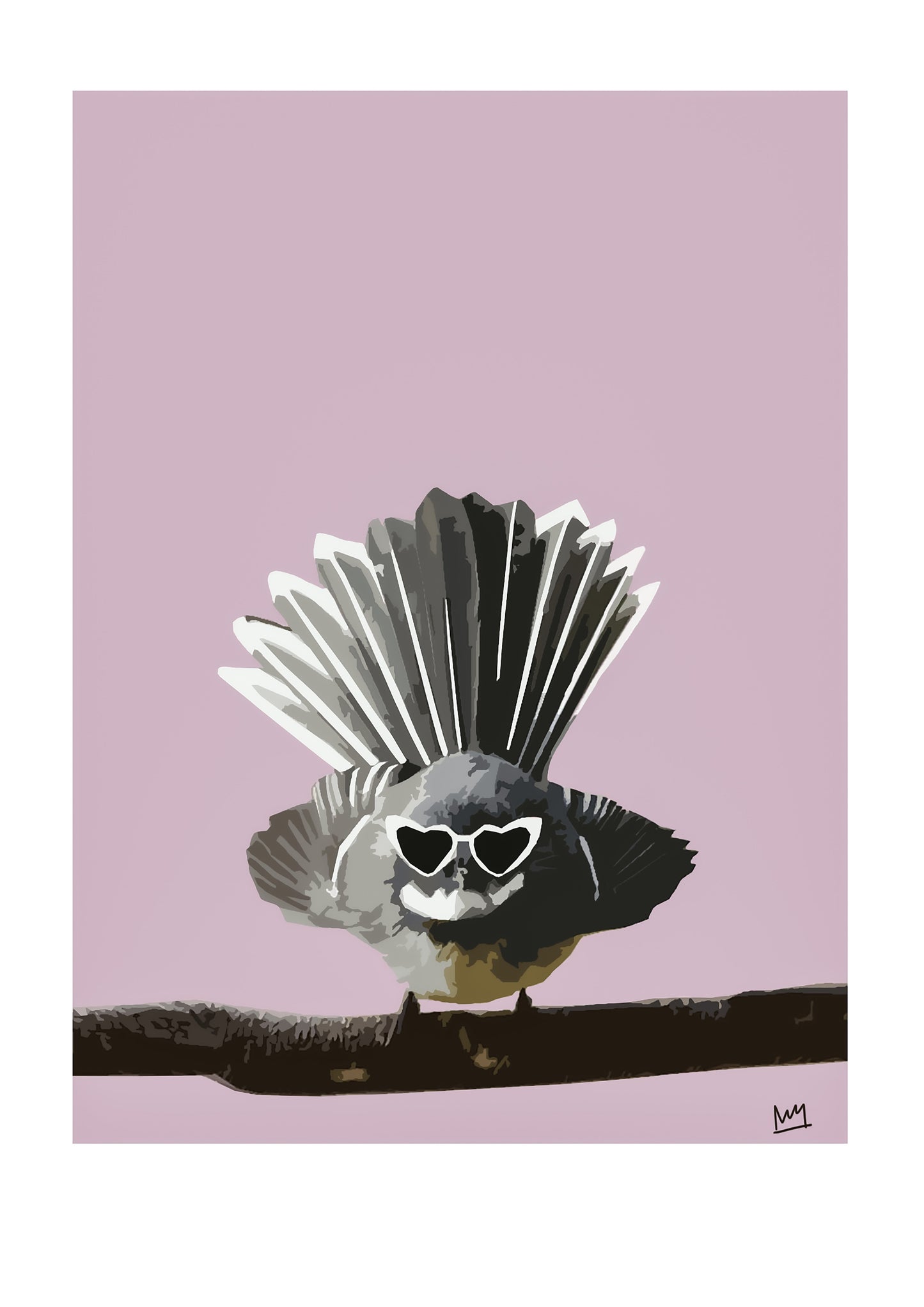 Artistic illustration of a bird with a fan-like tail on a pink background