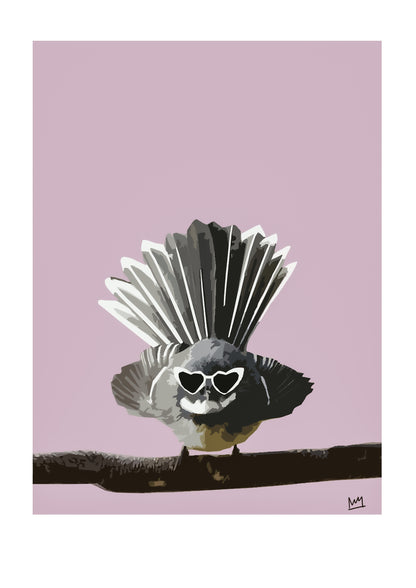 Artistic illustration of a bird with a fan-like tail on a pink background