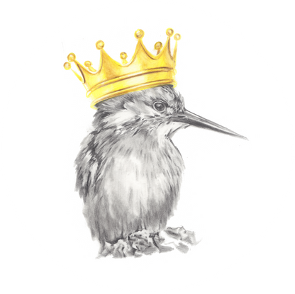 Illustration of a bird wearing a gold crown on a white background