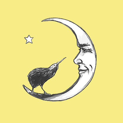 Illustration of a kiwi bird on a crescent moon with a star against a yellow background