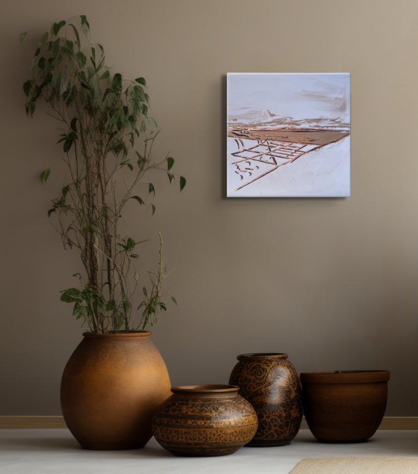 Decorative scene with brown ceramic pots and a plant against a beige wall with a framed artwork.