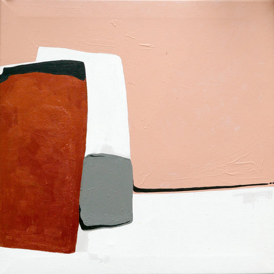 A abstract painting featuring geometric shapes in orange, white, black, and gray against a pink background on canvas.