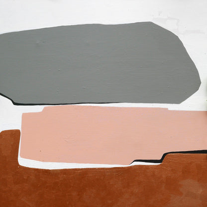 A abstract painting featuring geometric shapes in gray, pink, and brown colors on a white background.