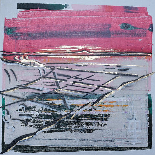 A canvas artwork titled 'Sumner Nights - From Above' featuring acrylic and gold leaf on canvas with a blend of pink and gold colors and geometric patterns.
